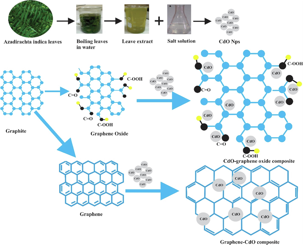 Schematics illustration of the preparation of CdO NPs, CdO-GO, G, and G-CdO composite.