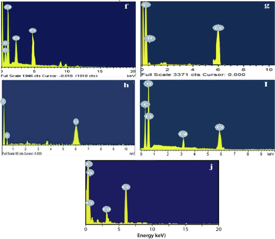 EDX images of the synthesized CdO NPs (a) G nanosheets (b), G-CdO (c) CdO-GO (d), and GO nanosheets (e) after adsorption.