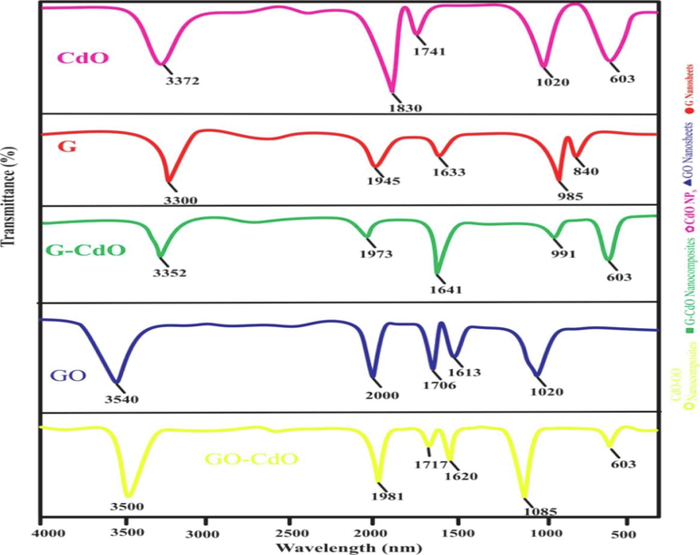 FT-IR spectra of the synthesized G nanosheets, GO nanosheets, CdO NPs, G-CdO, and CdO-Gnanocomposites before adsorption.