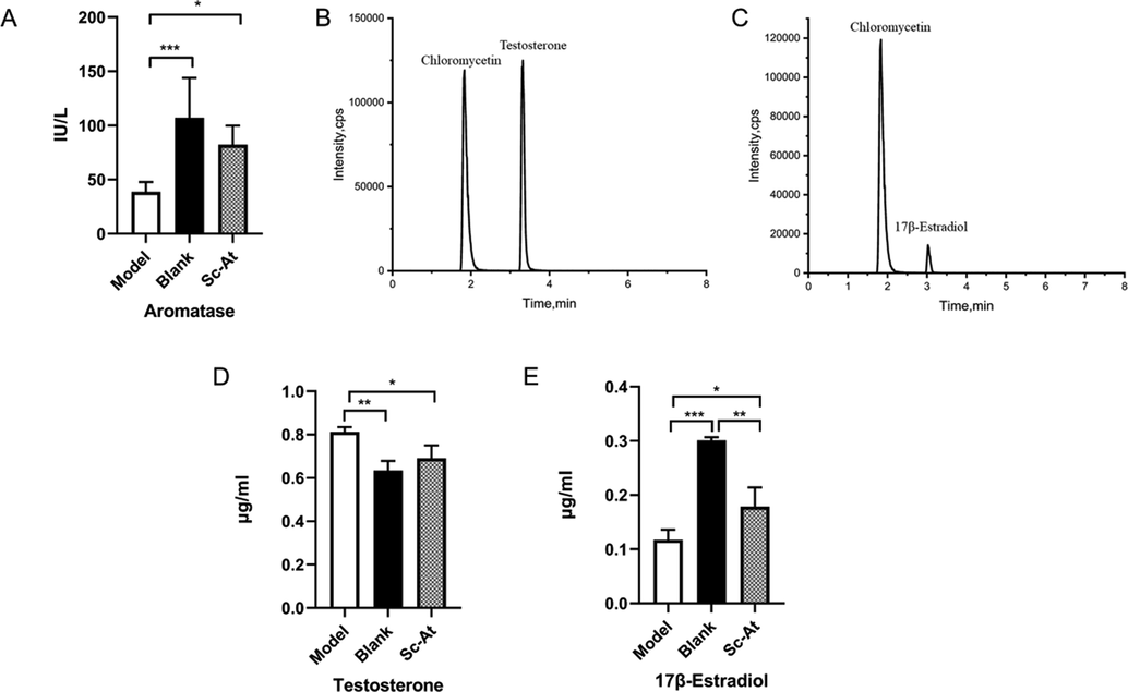 (A)Effect of Sc-At extracts on aromatase activity in the brain of Rats. The chromatogram obtained through the final UPLC/MS/MS showed good resolution among the two compounds. (B)Testosterone and Chloramphenicol(C)17β-Estradiol and Chloramphenicol. Testosterone and 17β-Estradiol levels in rat brain. (D)Testosterone (E)17β-Estradiol. ALL data were expressed as means ± SD, (n = 3, *P < 0.05, **P < 0.01, ***P < 0.001).