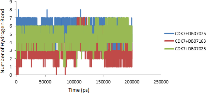 Hydrogen bond patterns of CDK7 + DB07075, CDK7 + DB07163 and CDK7 + DB07025 complex during molecular dynamics simulation at 200 ns.
