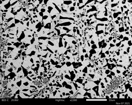 SEM micrograph of the Ag63Cu27In10 alloy.