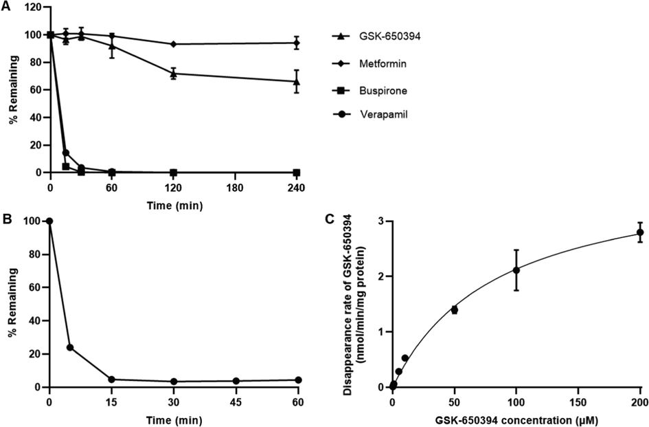 (A) Percentages of remaining of GSK-650394, verapamil, and buspirone (positive controls in rat liver microsomes (RLMs) with NADPH. (B) Percentages of remaining of GSK-650394 in RLMs with UDPGA and alamethicin. (C) Michaelis–Menten kinetic of GSK-650394 (0–200 µM) glucuronidation in RLMs. Data are expressed as means ± SDs (n = 3).