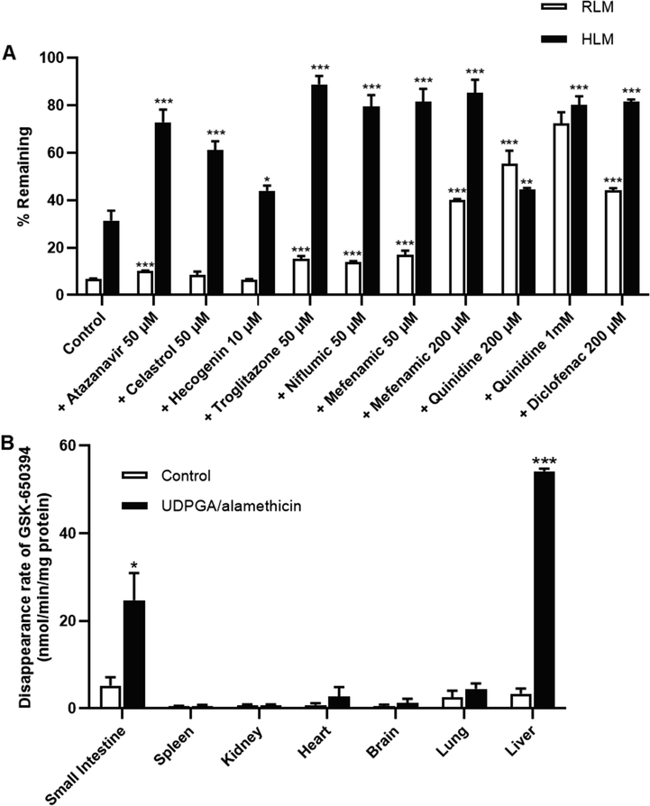 (A) Percentages of remaining of GSK-650394 after 15 min incubation in rat or human liver microsomes in the absence or presence of selective UGTs inhibitors. (B) In vitro glucuronidation metabolism velocity of GSK-650394 in rat tissue S9 fractions including small intestine, spleen, kidney, heart, brain, lung, and liver. Data are expressed as means ± SDs (n = 3). * p < 0.05, ** p < 0.01, *** p < 0.001 compared with control.