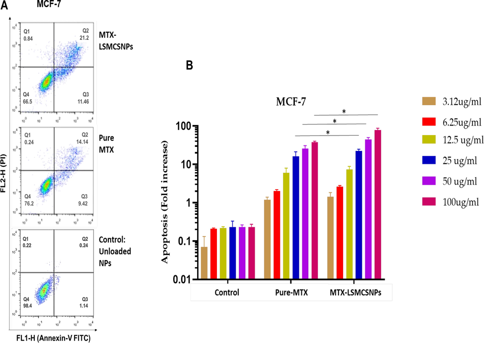 Cell apoptosis analysis on MCF-7 cell lines A). Flow cytometry dot plot representing MCF-7 cells treated with unloaded LSMCSNPs, pure MTX and MTX-LSMCSNPs (F3 formulation) B) Quantitative apoptosis (Fold increase) analysis of MTX-LSMCSNPs (F3), with pure MTX, and unloaded LSMCSNPs on MCF-7 cancer cell lines (3.12, 6.25, 12.5, 25, 50, and 100 µg/ml) after incubation (at 12 h). Data is presented as Mean ± S.D; p < 0.05.