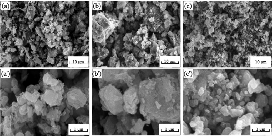 SEM images of different CuAl2O4 spinel before the reaction. (a, a') So-OH; (b, b') So-NO; (c, c') So-O.