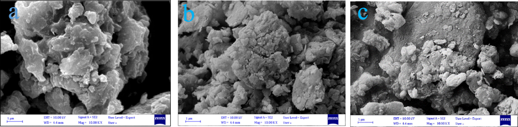 SEM image of (a) MMt, (b) CuMgAl-LDH/MMt before adsorption, (c) CuMgAl-LDH/MMt after Cd2+ sorption.