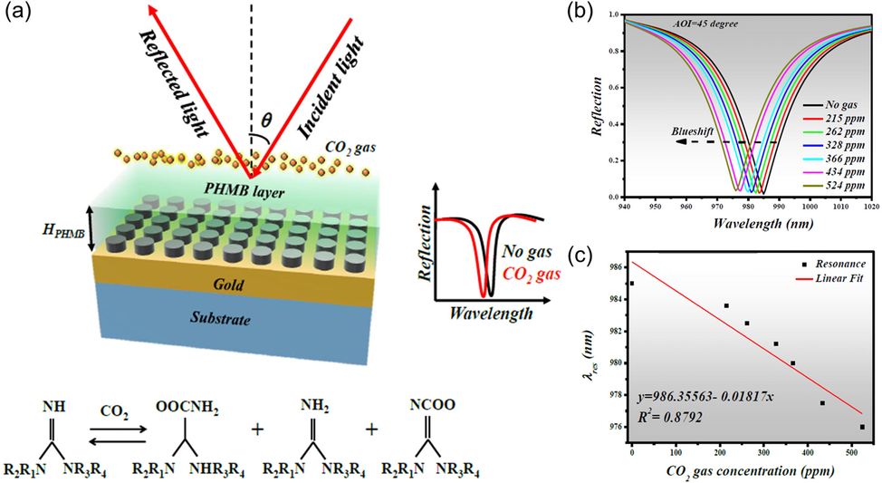 Polymer based gas sensing mechanisms. (a) Illustration of PHMB polymer coated on gold sensing surface with the reaction occurring between CO2 gas and amide based functional groups. (b) Sensor response at variant CO2 gas concentrations. (c) Calibration fitting plot showing the determination coefficient of developed polymer-based gas sensor at 0.8792. Reproduced with permission (Kazanskiy et al., 2021) Copyright 2021 PMC.