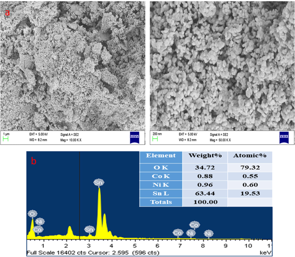 FESEM micrographics of the SnNiCoO2 NPs: Lower and Higher magnification FESEM image (a). Elements, weight %, and atomic % of the composition were obtained by EDX (b).