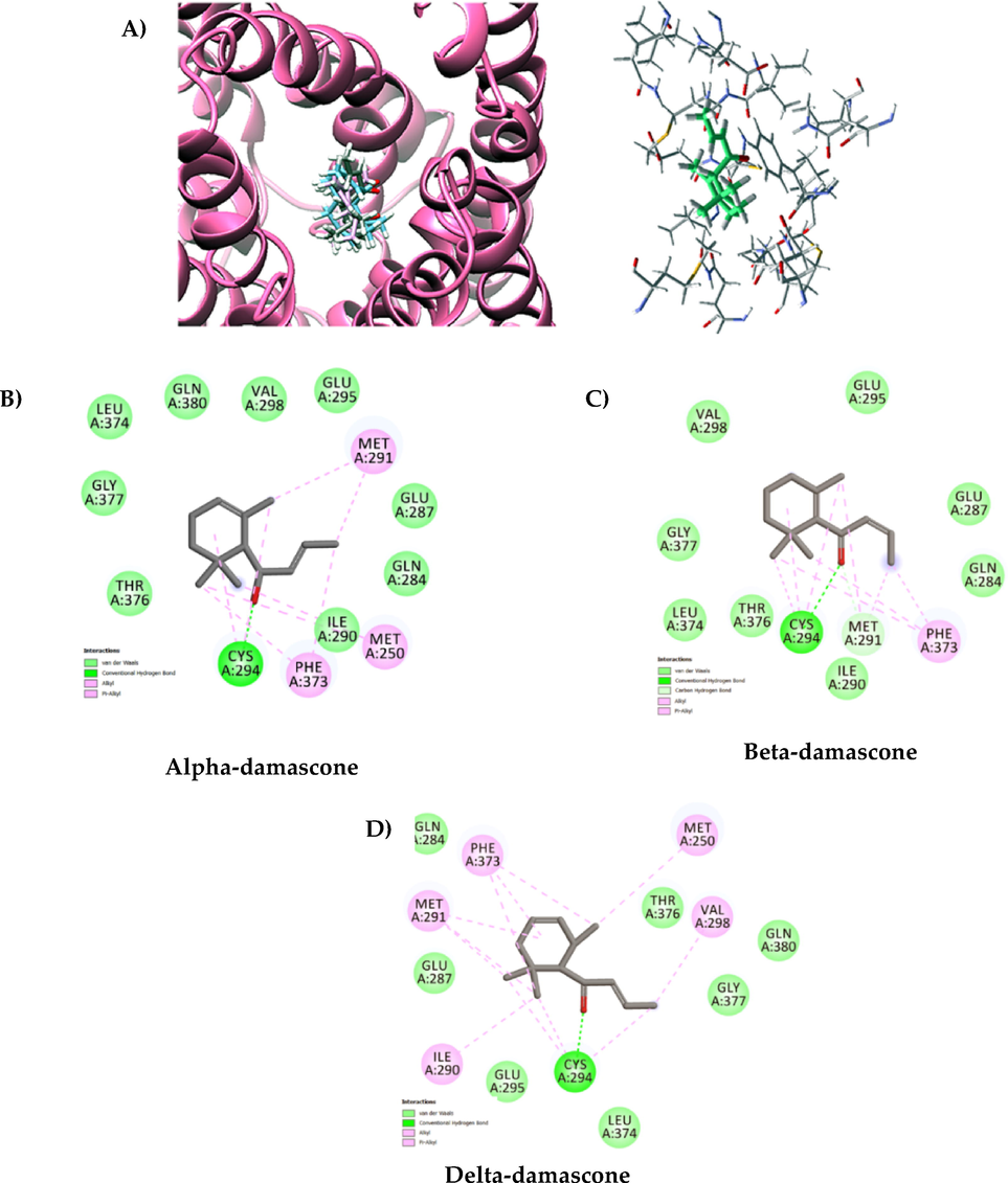 Interaction of α, β and δ-damascone at the MepA receptor. (a) Three-dimensional docked structure of α, β e δ-damascone in MepA receptor. (b) Binding site of MepA receptor complexed with α -damascone. 2D interactions map visualization between ligand and MepA receptor showing conventional hydrogen bonds as dark green dotted lines, Alkyl, and Pi-Alkyl bonds as light pink dotted lines and van der Waals forces of attraction. (c) Alpha-damascone with pocket of interactio with residues Cys294; Gln284; Gln380; Glu287; Glu295; Gly377; Ile290; Leu374; Met250; Met291; Phe373; Thr376 (d) Beta-damascone with pocket of interactio with residues Cys294; Gln284; Glu287; Glu295; Gly377; Ile290; Leu374; Met291; Phe373; Thr376; Val298 E) Delta-damascone with pocket of interactio with residues Cys294; Gln284; Gln380; Glu287; Glu295; Gly377; Ile290; Leu374; Met250; Met291; Phe373; Thr376; Val298.