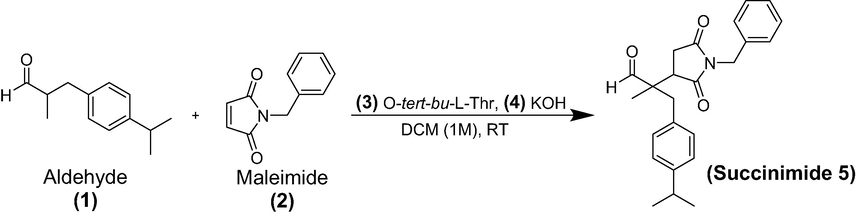 Synthesis of 2-(1-benzyl-2,5-dioxopyrrolidin-3-yl)-3-(4-isopropylphenyl)-2-methylpropanal (Succ-5).