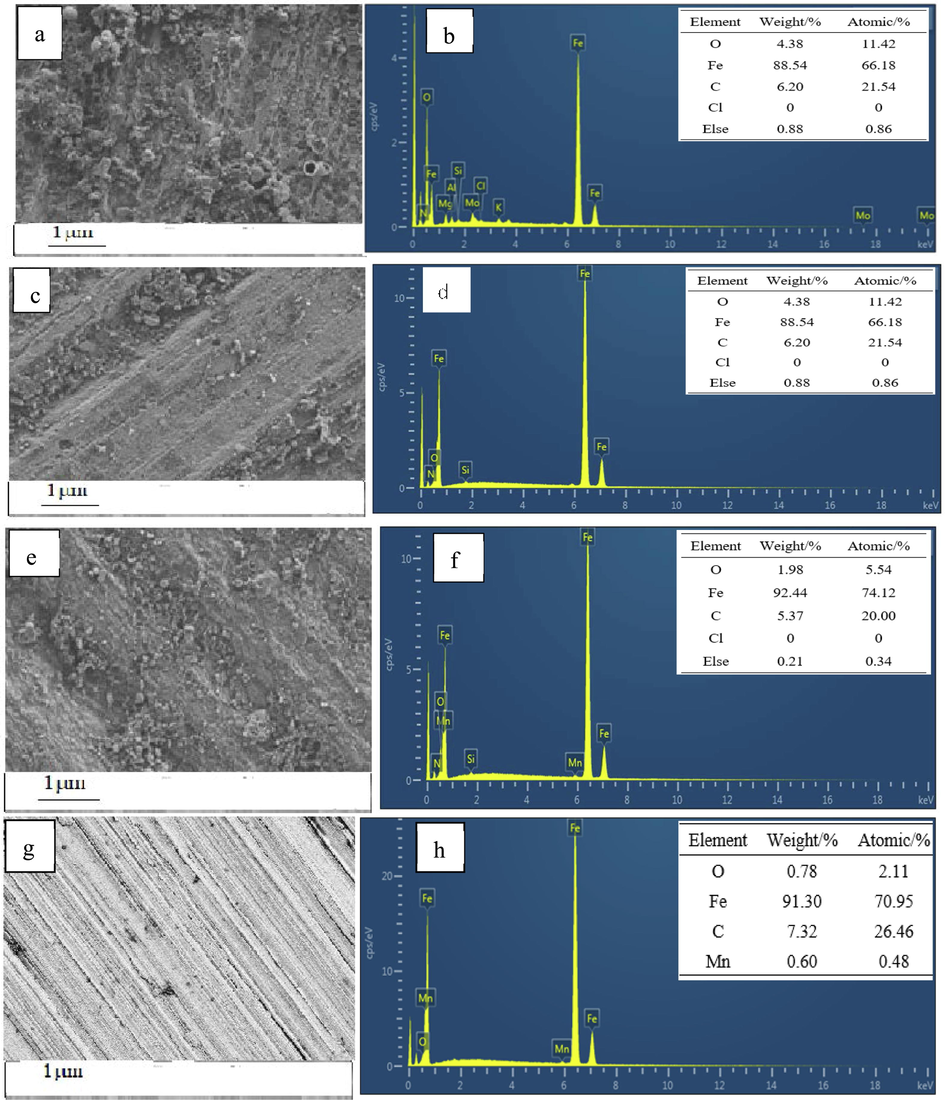 SEM and EDS analyses of the carbon steel specimens. (a-b) blank, (c-d) PASP (e-f), PASPG2 (g-h) new.