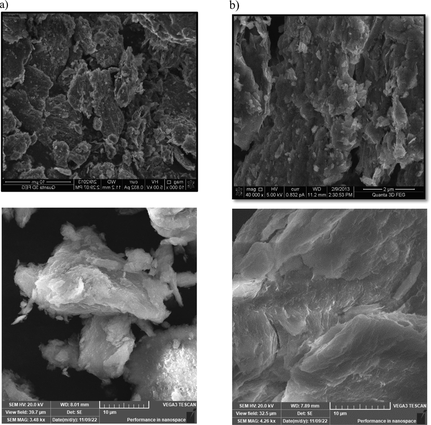 SEM picture of nano bentonite (a) prior to adsorption and (b) following adsorption.