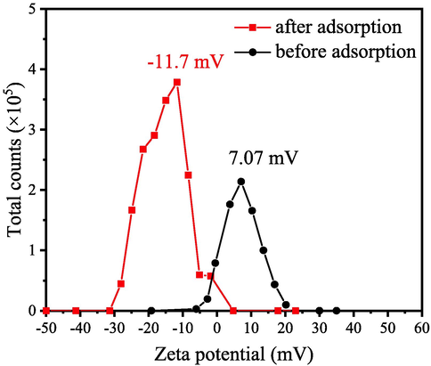 Zeta potentials of sample prepared at 600 °C before (black) and after CR adsorption (red).