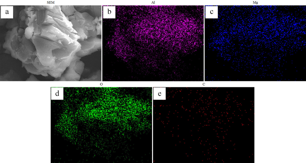 SEM image of (a) MgAl2O4/C adsorbent, EDS mapping of (b-e) Al, Mg, O and C.