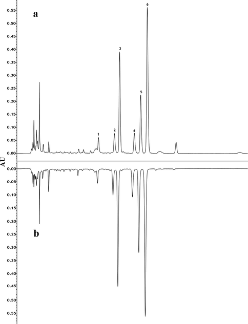 HPLC-PDA chromatograms of monosaccharide compositions of polysaccharides. a: crude FC; b: high-pressure wine steamed FC. 1: Man; 2: Rha; 3: Gala; 4: Glu; 5: Gal; 6: Ara; 7: Fuc.