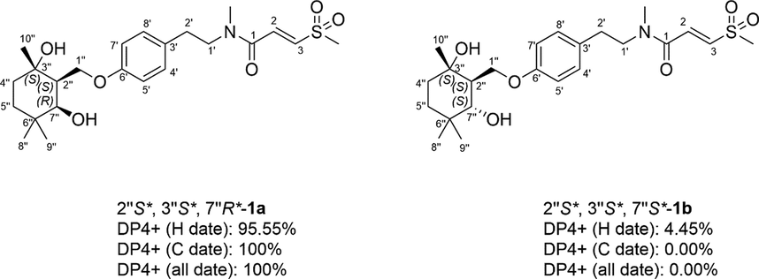 DP4 + analysis of two possible diastereomers (1a and 1b) for 1.