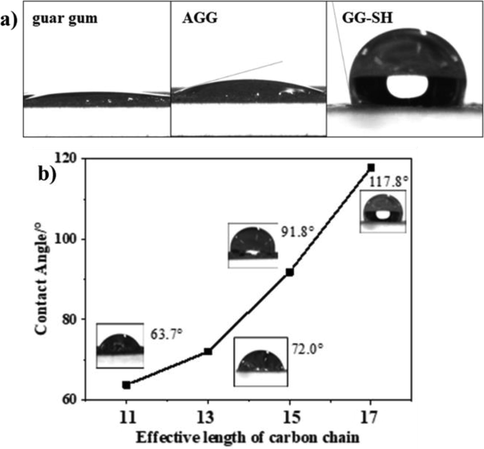 A) contact angle of guar gum, agg and gg-sh; b) contact angle of a series of different long chain alkylhydrazone modified guar gum.