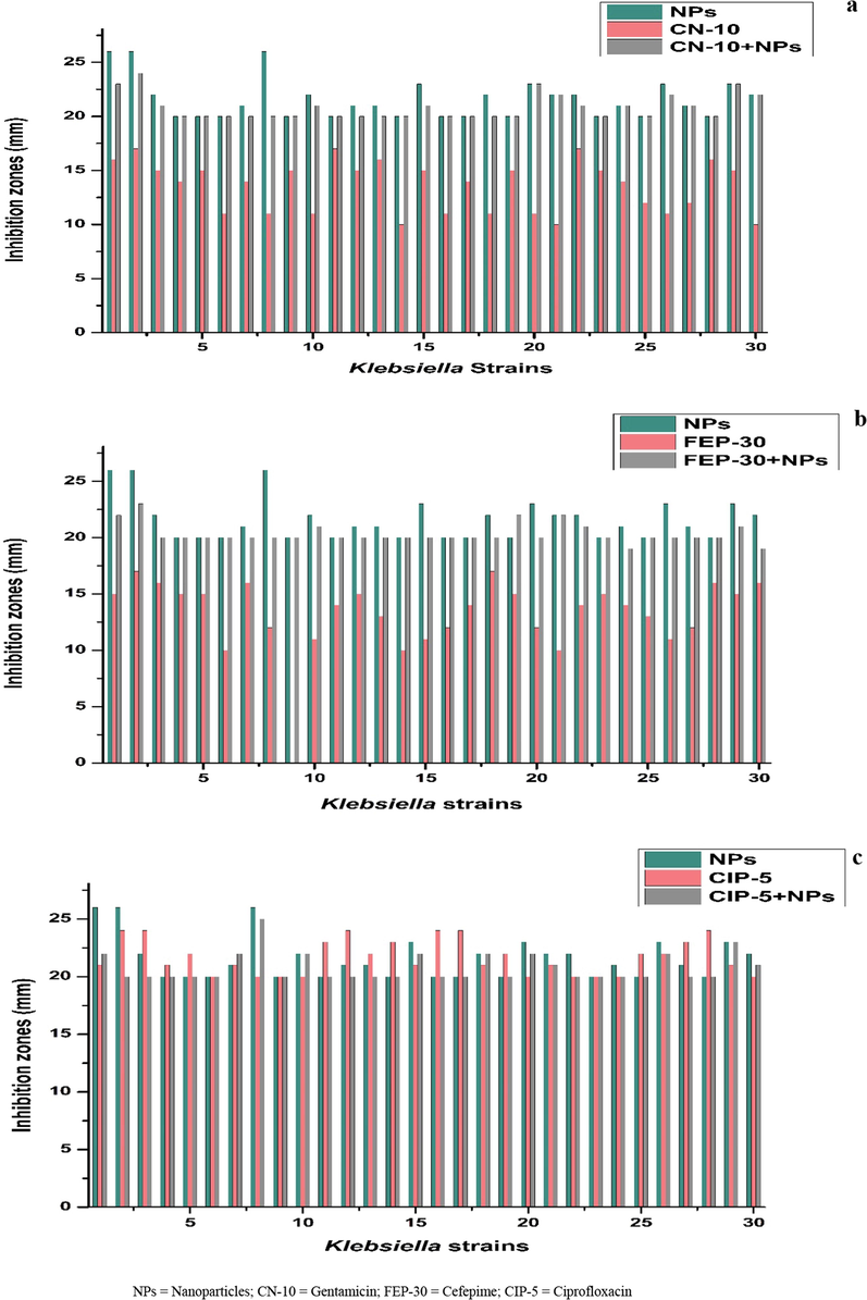Comparison of antibacterial activity of Cr2O3-NPs and three different antibiotics alone with their synergistic activity against K. pneumoniae (a) Gentamicin (CN-10); (b) Cefepime (FEP-30); Ciprofloxacin (CIP-5).