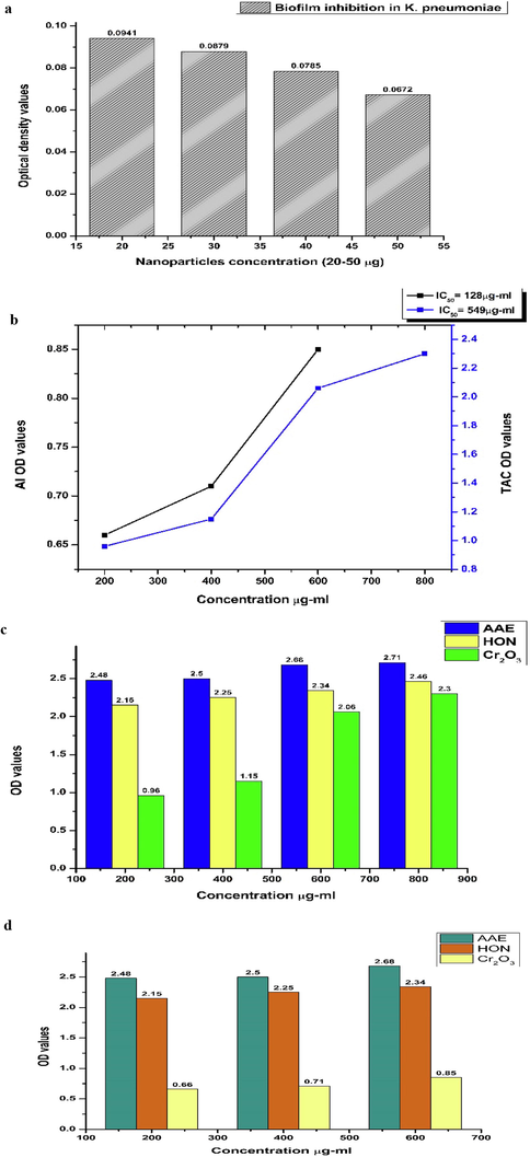 (a) Biofilm inhibition potential of biogenic Cr2O3-NPs; (b) IC50 values of Cr2O3-NPs for TAC and AI activity in terms of AAE. The graph clearly shows that both TAC and AI capacity of CRONPs increased with an increase in the concentration in solution; (c) Total anti-oxidant capacity of Cr2O3-NPs and honey in terms of AAE; (d) anti-inflammatory activity of Cr2O3-NPs and honey in terms of AAE.