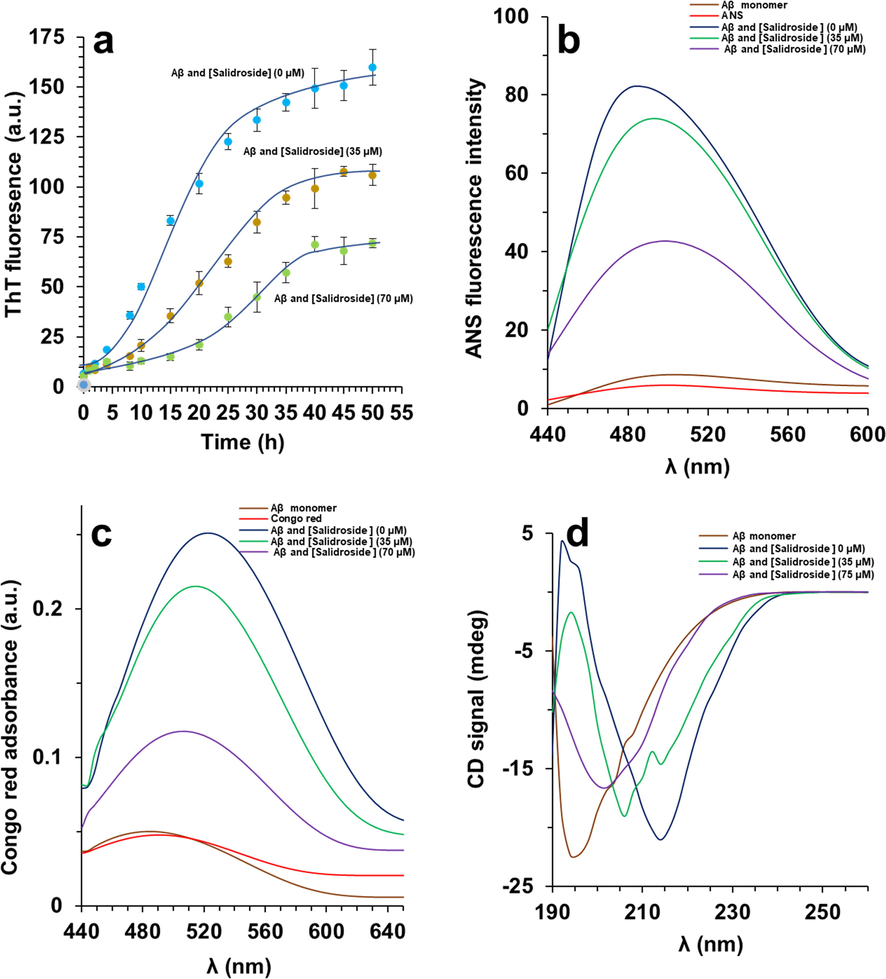 (a) ThT fluorescence assay of Aβ1-42 aggregation with or without salidroside. (b) ANS fluorescence assay of Aβ1-42 aggregated samples with or without salidroside. (c) Congo red absorbance assay of Aβ1-42 aggregated samples with or without salidroside. (d) CD analysis of Aβ1-42 aggregated samples with or without salidroside.