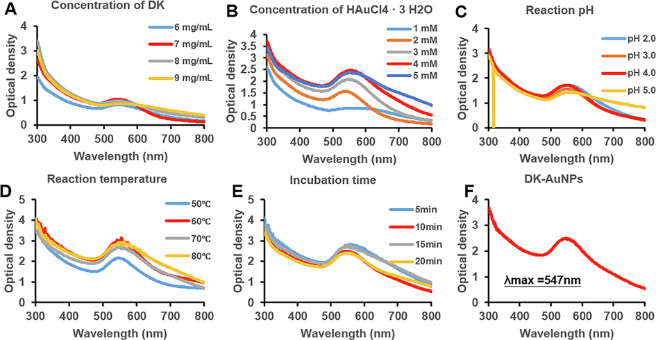 Based on the dynamic level of absorption, as absorbs using UV–vis spectroscopy, the synthesis procedure for DK-AuNPs was optimized. (A) DK was used at concentrations ranging from 6 to 9 mg/mL (B) The influence of varying concentrations of gold salt (1–5 mM). (C) The implications of pH fluctuations (pH 2–5). (D) The consequence of temperature fluctuations (50–80 °C). (E) The impact of the incubation period (5–20 min). (F) The UV absorbance of the optimized DK-AuNPs.