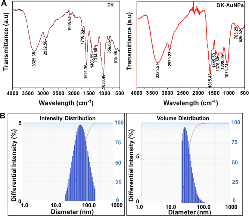 (A) Infrared absorption spectrum produced by Fourier-transform infrared (FT-IR) spectrum for confirmation of chemical linkage confirmation in DK-AuNPs. (B) The intensity and volume distributions of DK-AuNPs were determined using dynamic light scattering (DLS) spectrum.