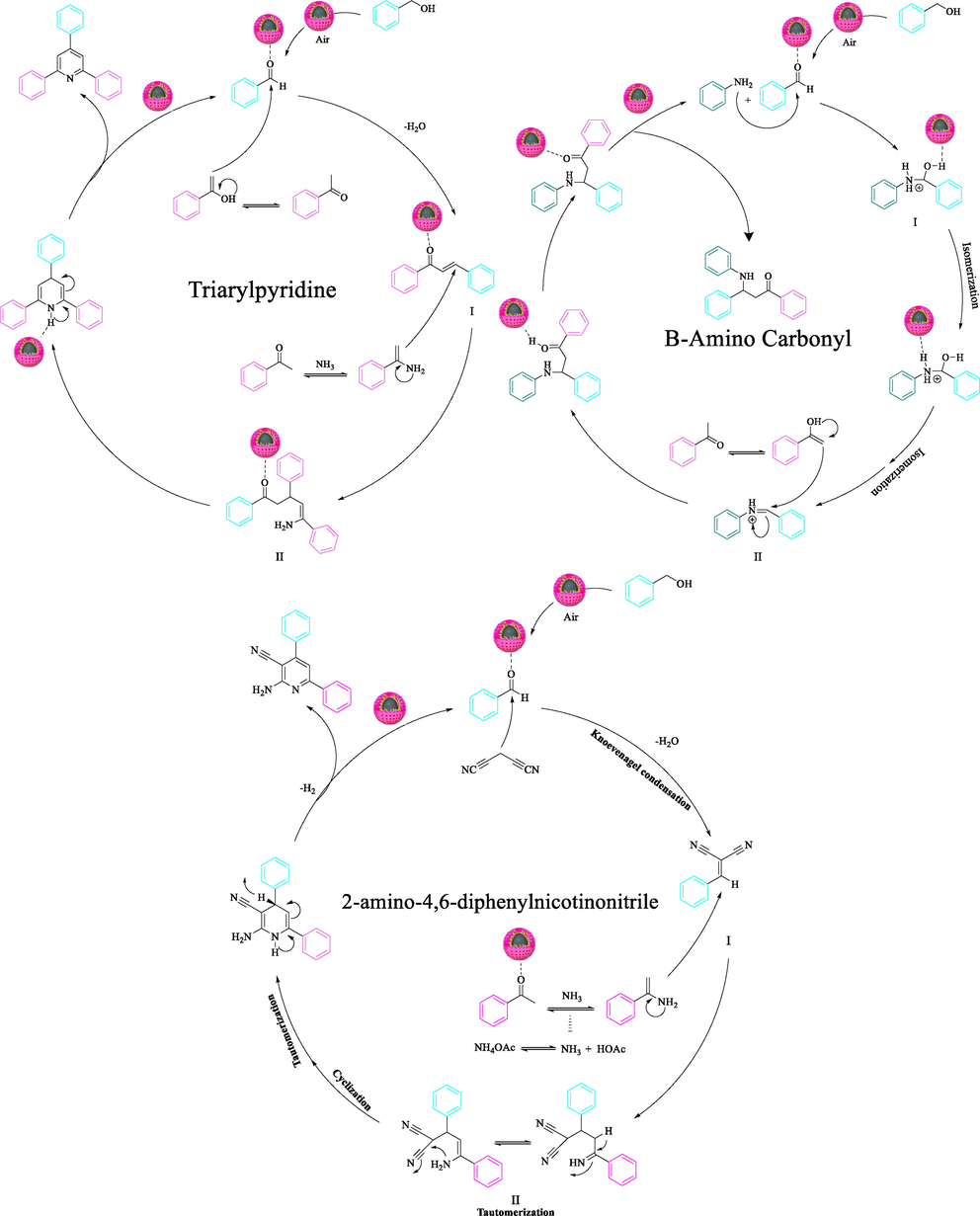 A plausible mechanism for the preparation of 2,4,6-triarylpyridine, and β-amino carbonyl, and 2-amino-4,6-diphenylnicotinonitrile using the CoFe2O4@Eggshell@SO3H nanocomposite.