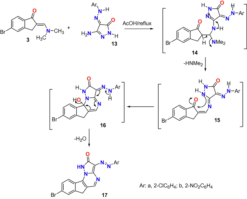 Reaction of enaminone 3 with heterocyclic amines 13a,b.