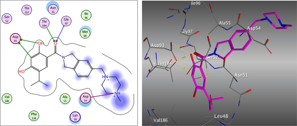 The 2D and 3D proposed binding modes of the co-crystalized ligand inside Hsp90 receptor active site.