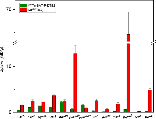 Biodistribution of 99mTc-pertechnetate and 99mTc-BAT-P-DTBZ in mice. Data were obtained at 60 min post injection and presented as the mean ± SD, n = 5.