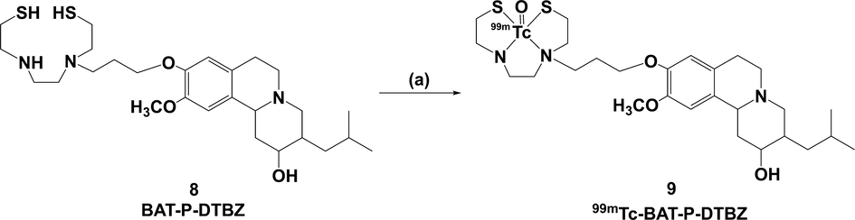 Preparation of 99mTc-BAT-P-DTBZ. (a) Na99mTcO4, GH, SnCl2·2H2O, EDTA-2Na, citric acid-sodium citrate buffer solution, 100 °C, 30 min.