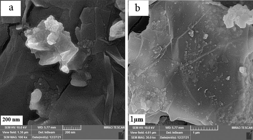 SEM images of of the ErFeO3/Fe3O4/rGO nanocomposites.