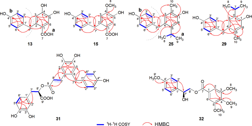 Key 1H–1H COSY, HMBC and NOESY correlations of five new bisphenols (13, 15, 25, 29, 31) and one new aromatic compound 32.