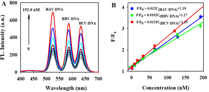 (A) Fluorescence spectra of the multicolor fluorescence system with different concentrations of HAV-DNA, HBV-DNA, and HCV-DNA (0, 1.0, 8.0, 16.0, 32.0, 64.0, 128.0, 192.0 nM). (B)The relationships between fluorescence intensity ratio (F/F0) and the concentration of HAV-DNA, HBV-DNA, and HCV-DNA.