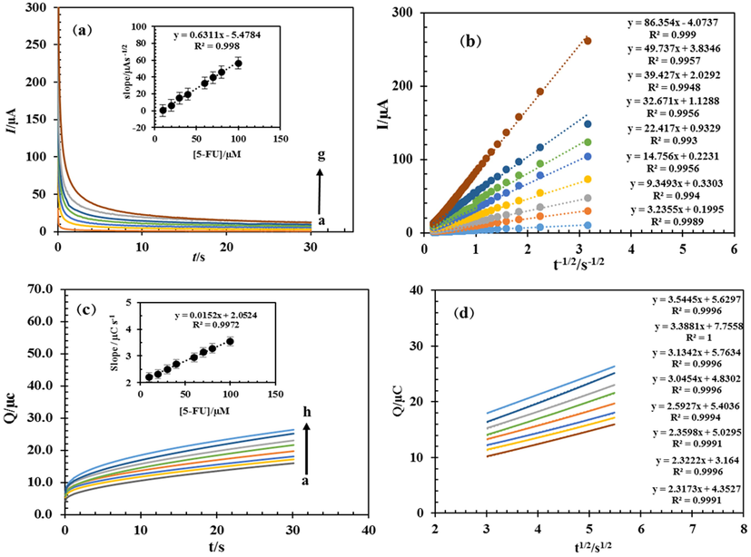 Chronoamperograms obtained from solutions with concentrations of 10, 20, 30, 40, 60, 70, 80 and 100 μM 5-FU in 0.1 M PBS solution with pH = 8.0 (a), diagram I-t−1/2 for different concentrations of 5-FU,(inset of a) Slope of I-t−1/2diagram in terms of 5-FU concentration (b), chronocoulograms obtained from solutions with concentrations of 10, 20, 30, 40, 60, 70, 80 and 100 μM 5-FU in 0.1 M PBS solution with pH = 8.0 (c), and diagram Q-t1/2 for different concentrations of 5-FU,(inset of c) Slope of Q-t1/2 diagram in terms of 5-FU concentration (d).