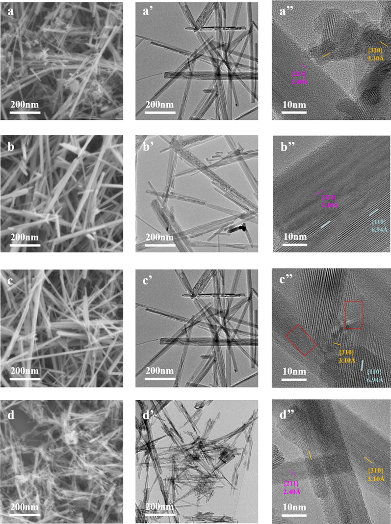 SEM and TEM images of a series of α-MnO2 samples under different magnifications. (a, a’) α-MnO2-1; (b, b’) α-MnO2-2; (c, c’) α-MnO2-3; (d, d’) α-MnO2-4.