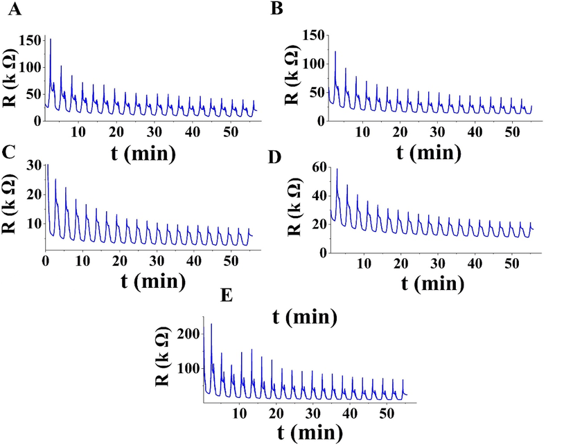 Cyclic load tests of the developed N-BCNT:CB/PU-SR pressure sensors with different N-BCNT:CB ratios of 5:5 (A), 6:4 (B), 7:3 (C), 8:2 (D), and 9:1 (E).