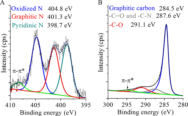 Deconvoluted N 1s band (A) and C 1s band (B) on the XPS spectrum of the prepared and applied N-BCNT.