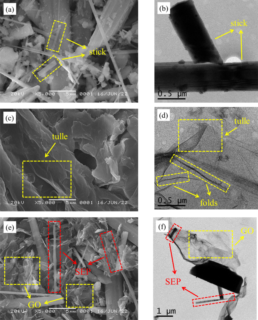SEM(a) and TEM(b) of SEP, SEM (c) and TEM(d) of GO, SEM(e) and TEM(f) of SEP/GO.