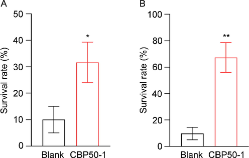 Effects of CBP50-1 on thermal stress and oxidative stress in N2. (A) Thermal stress. (B) Oxidative stress (* is significant at the 0.05 level, ** is significant at the 0.01 level).