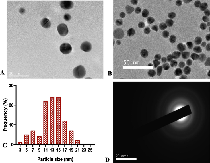 HRTEM micrographs and histogram images of H. sabdariffa synthesized-AuNPs at 20 nm scale bar (A), 50 nm scale bar (B), histogram of particle size distribution (C), SAED image (D).