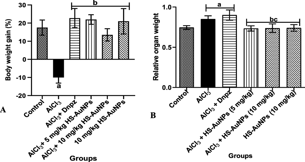 Effect of H. sabdariffa synthesized-AuNPs on the body weight gain (A) and relative brain weight (B) of AlCl3-induced AD rats. Results are expressed as mean ± SD (n = 7). ap < 0.05 vs control, bp < 0.05 vs AlCl3 group, cp < 0.05 vs Dnpz group. Legend: AlCl3 - aluminum chloride; Dnpz – donepezil; HS-AuNPs- Hibiscus sabdariffa synthesized-gold nanoparticles.