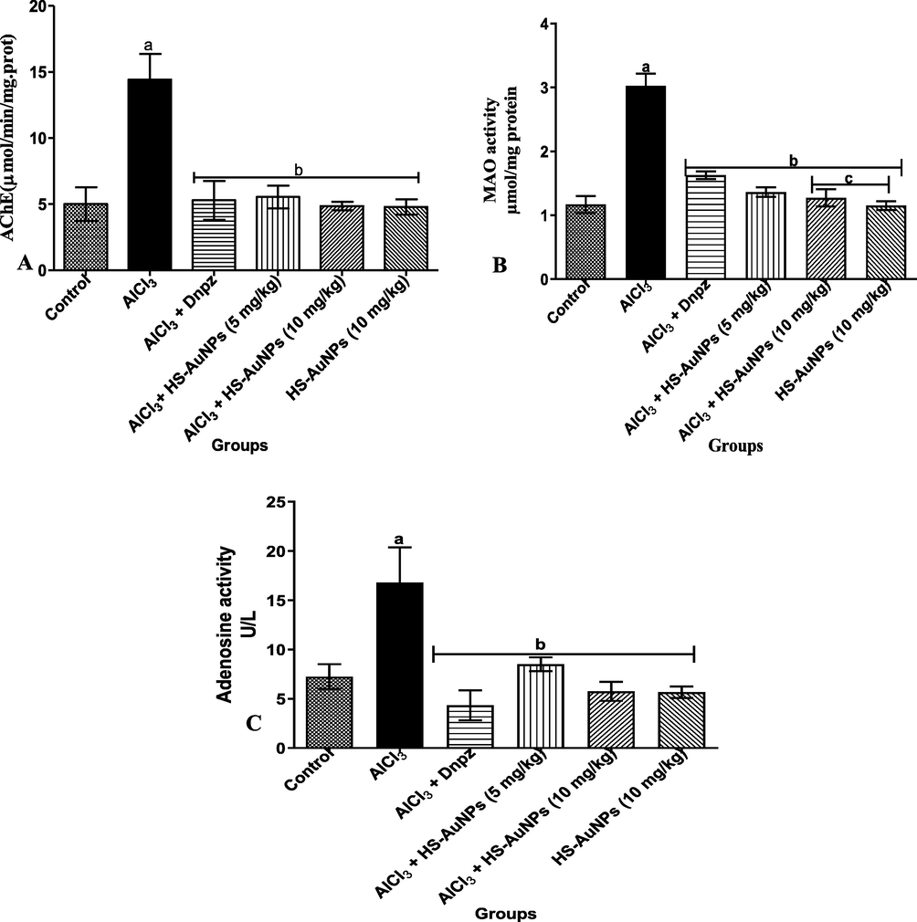 Effect of H. sabdariffa synthesized-AuNPs on acetylcholinesterase (A), monoamine oxidase (B), adenosine deaminase (C) activities in the brain of AlCl3-induced AD rats. Results are expressed as mean ± SD (n = 7). ap < 0.05 vs control, bp < 0.05 vs AlCl3 group, cp < 0.05 vs Dnpz group. Legend: AlCl3 - aluminum chloride; Dnpz – donepezil; HS-AuNPs- Hibiscus sabdariffa synthesized-gold nanoparticles.