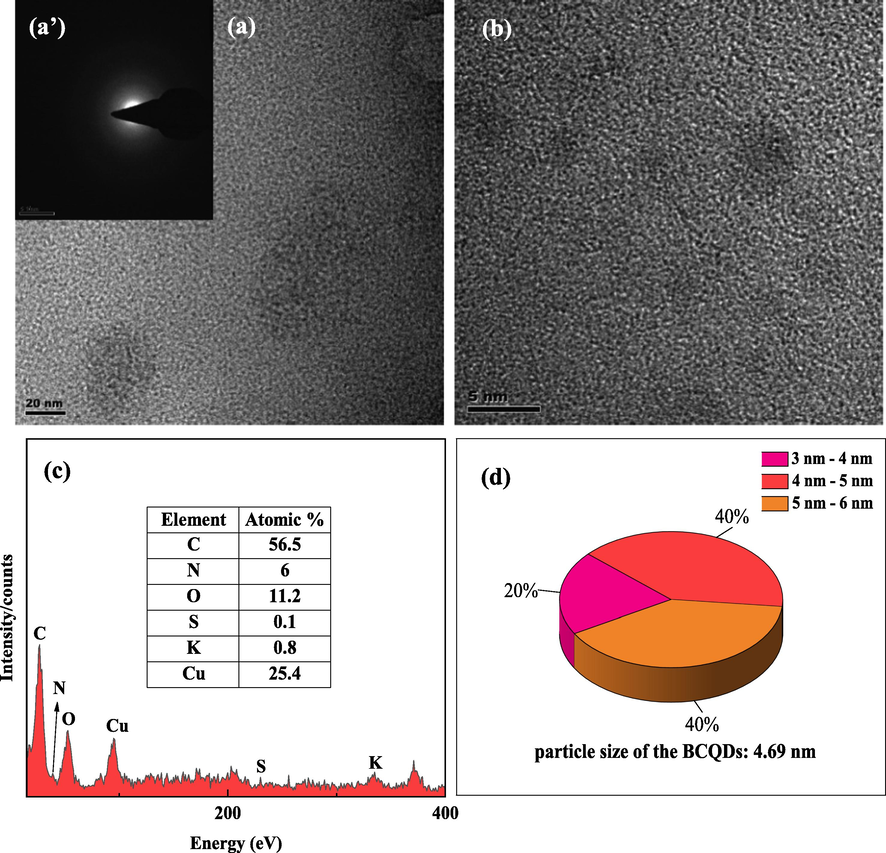 TEM morphology (a)(b), SAED (a’), EDS (c) and size (d) results of BCQDs.