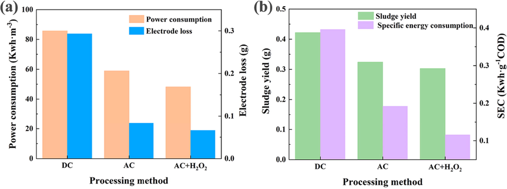 Different processing methods of: (a) power consumption and electrode loss; (b) sludge production and SEC for COD removal.