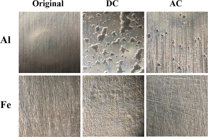 Photos of electrodes (corrosion Al and Fe) by DC and AC (×400).