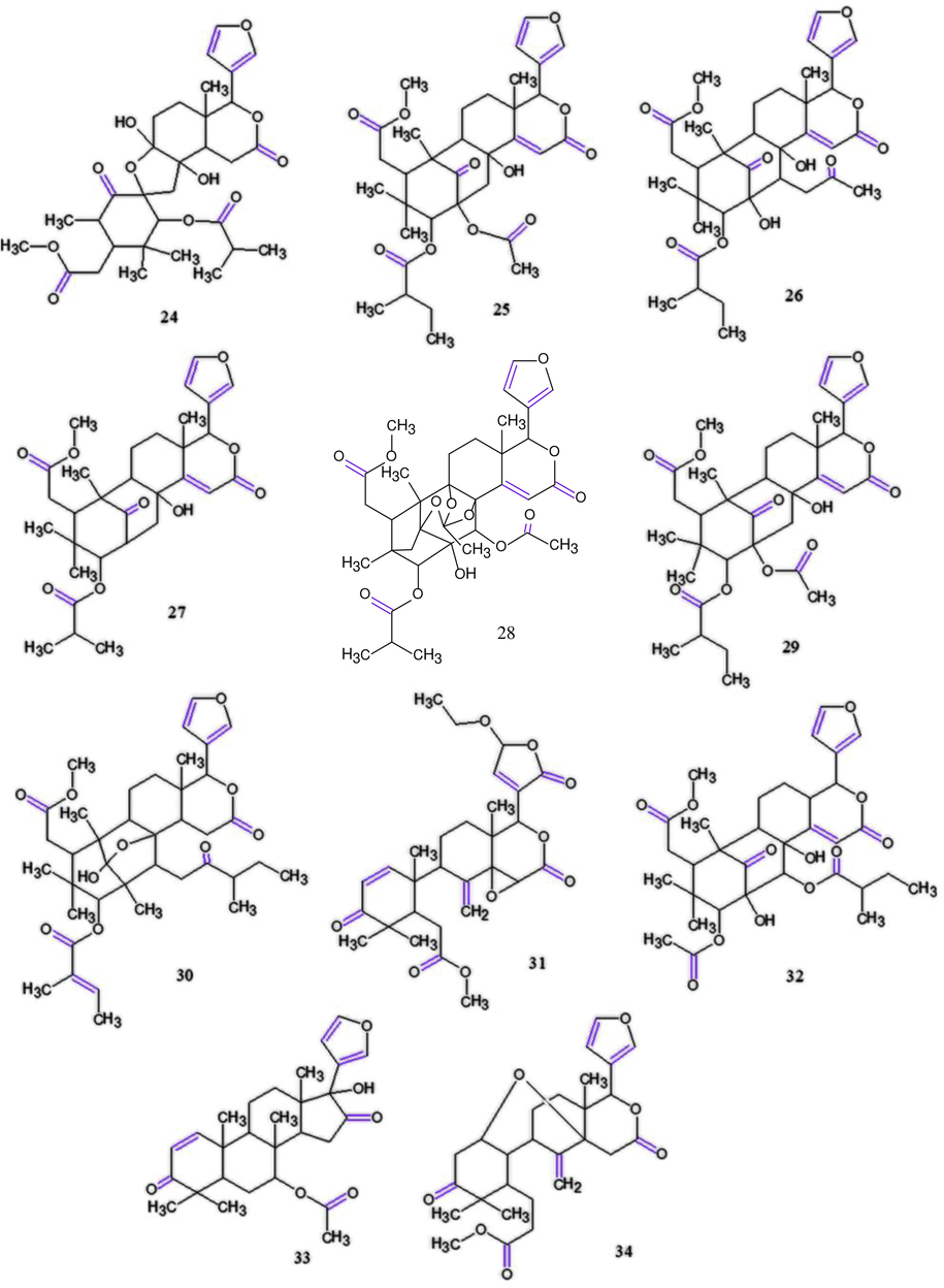 Chemical structures for compounds isolated and/or tested by the authors. (24): carapanolide A; (25): guianolide A; (26): carapanolide C; (27): carapanolide E; (28): carapanolide I; (29): carapanolide D; (30): carapanolide F; (31): andirolide S; (32): andirolide T; (33): 17β-hydroxyazaradione and (34): methylangolensate. Source: adapted from Inoue et al. 2012, 2013, 2014, 2015 and Sakamoto et al. 2013.