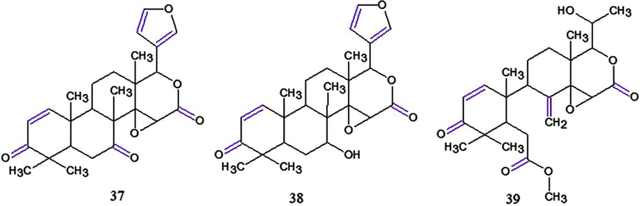 Chemical estructures for compounds: (37): 7-deacetylgedunin; (38): 1,2-dihydro-3β-hydroxy-7-deacetoxy-7-oxogedunin and (39): andirobin. Source: adapted from Miranda Junior et al. 2012.