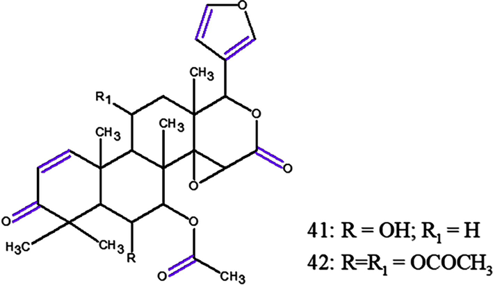 Chemical structure for compounds (41): 11β-hydroxygedunin and (42): 6α,11β-diacetoxygedunin. Source: adapted from Oliveira et al. 2018.